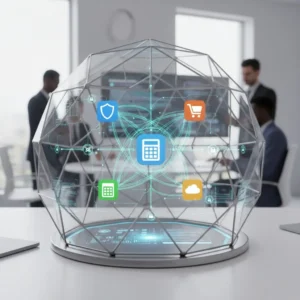 A geometric glass dome displaying vibrant digital icons represents Third-Party Software Integration on a modern office desk, with business professionals working at computers in a bright, high-tech background.