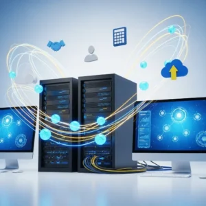 Two server towers sit between monitors with network graphics. Yellow and blue lines swirl around, symbolizing data transfer and Third-Party Software Integration. Floating icons above include a cloud upload, handshake, calculator, and user profiles.