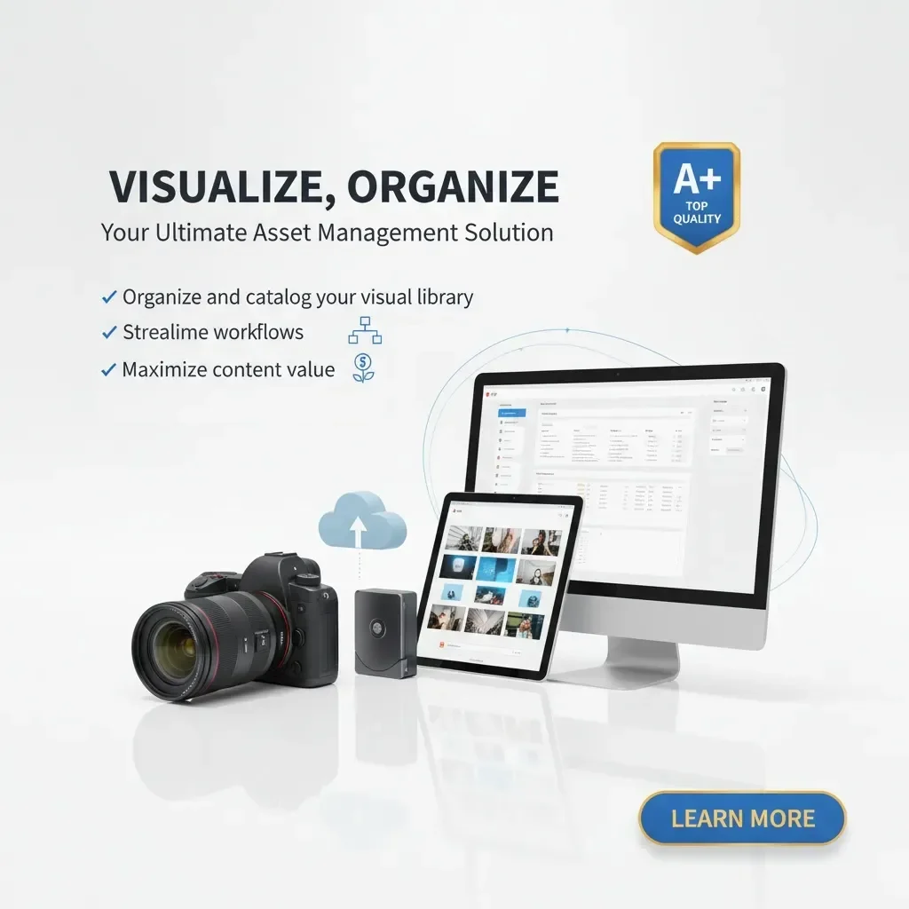 A computer, tablet, camera, and lens sit on a white surface linked by blue lines. Text: "Visual Asset ManagementโYour Ultimate Solution," with checkmarks for organization, workflow, and content value. A "Learn More" button appears.