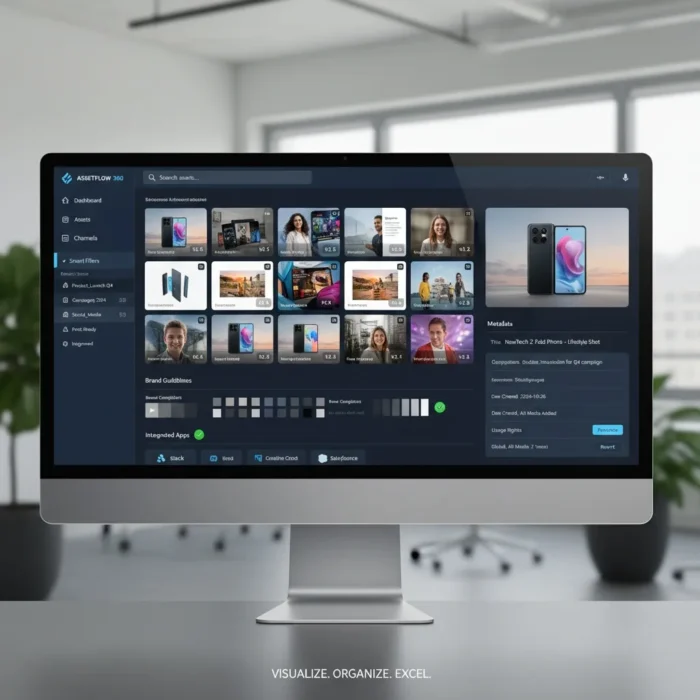 A desktop monitor displays Visual Asset Management's dark-themed dashboard with media thumbnails, product images, user profiles, navigation menus, a search bar, and smartphone info. The office background is blurred for focus on the interface. A desktop monitor displays Visual Asset Management's dark-themed dashboard with media thumbnails, product images, user profiles, navigation menus, a search bar, and smartphone info. The office background is blurred for focus on the interface.