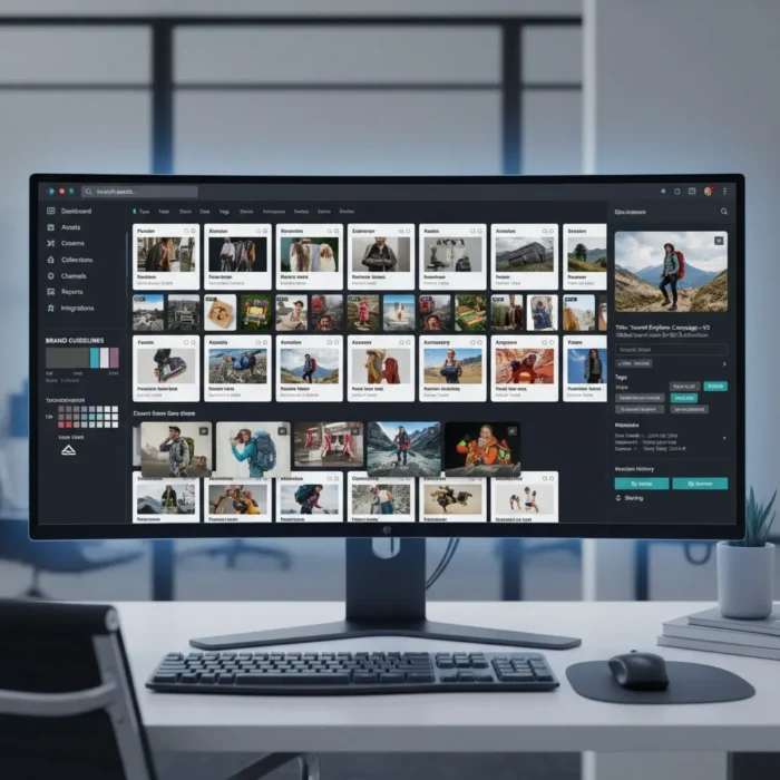 A widescreen monitor on a modern desk displays Visual Asset Management software with travel and adventure image thumbnails, photo details, and editing options on the right. The office background is blurred with a keyboard and mouse on the desk. A widescreen monitor on a modern desk displays Visual Asset Management software with travel and adventure image thumbnails, photo details, and editing options on the right. The office background is blurred with a keyboard and mouse on the desk.