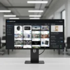 A computer monitor in a modern office shows the Visual Asset Management dashboard with file thumbnailsโproducts, people, documentsโplus navigation menus and a metadata panel on the right.