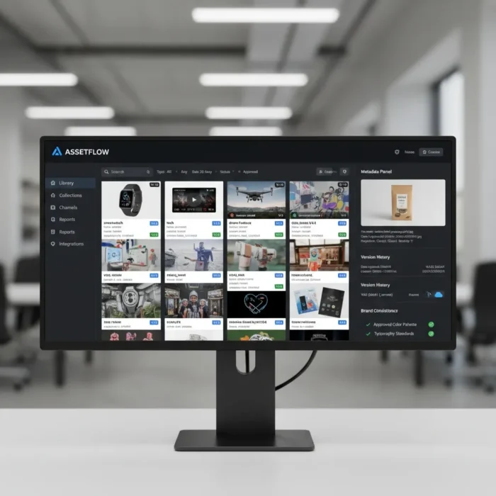 A computer monitor in a modern office shows the Visual Asset Management dashboard with file thumbnailsโproducts, people, documentsโplus navigation menus and a metadata panel on the right. A computer monitor in a modern office shows the Visual Asset Management dashboard with file thumbnailsโproducts, people, documentsโplus navigation menus and a metadata panel on the right.