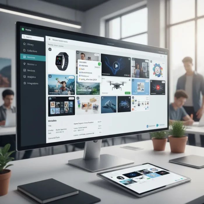 A sleek office shows a large desktop monitor with the Visual Asset Management dashboard displaying images, files, and metadata. A tablet on the desk mirrors the screen, while two potted plants and blurred people add a modern touch. A sleek office shows a large desktop monitor with the Visual Asset Management dashboard displaying images, files, and metadata. A tablet on the desk mirrors the screen, while two potted plants and blurred people add a modern touch.