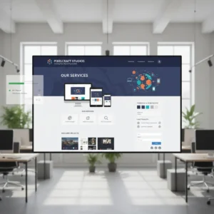 A floating digital screen in a bright, modern office displays the "Website Design & Development" services and projects for Pixelcraft Studios. The workspace features large windows, desks, and black chairs, filled with natural light.