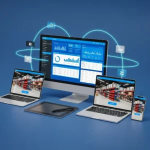 A desktop monitor, two laptops, a tablet with stylus, and a smartphone show warehouse dashboards. Digital icons and blue lines connect them, highlighting synchronized data sharing enabled by Website Design & Development.
