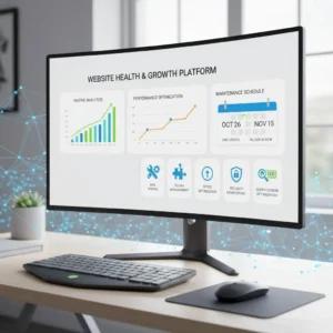 A curved monitor on a desk displays the Website Maintenance & Updates dashboard, featuring graphs for traffic analytics, performance optimization, maintenance schedules, website updates, and icons for plugin management, speed, security, and SEO.