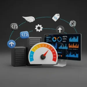 3D illustration of server stacks, a speedometer, and a computer monitor with analytics charts. Floating icons highlight Website Speed Optimization for enhanced technology, performance, and seamless digital experiences.