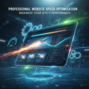 A digital tablet shows website code and a rocket, representing Website Speed Optimization. Blue gears, data lines, and motion effects encircle it. Text reads: “Website Speed Optimization – Maximize Your Site’s Performance.”.