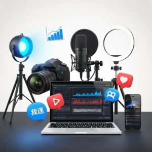 A desk displays a laptop running video editing software, with a camera, mic, smartphone, ring light, and blue lamp—ideal for YouTube Channel Management & Optimization. Floating icons show graphs, chats, and social media notifications.