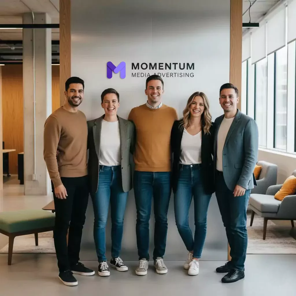 Five people stand smiling in a modern office lobby beneath a "Momentum Media Advertising" sign. They wear casual-business outfits—jeans, sweaters, blazers—forming a friendly group. Large windows and stylish furniture fill the bright, open space.