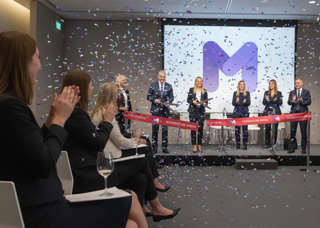 A group of business professionals cuts a red ribbon labeled “Momentum Media” on stage, celebrating an event. Confetti falls as audience members applaud. A large “M” logo is displayed on a screen in the background. Glasses of wine are visible near the seated attendees.