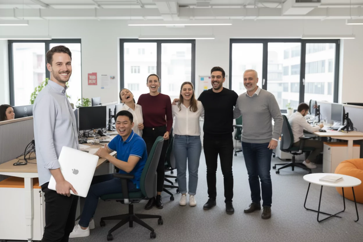 Seven cheerful people are in a modern office. Six stand together smiling at the camera; one sits at a desk with a laptop, also smiling. Open workstations, computers, large windows, and two people working in the background are visible.