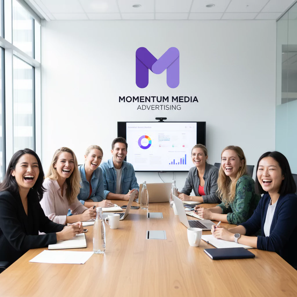 Seven people sit around a conference table smiling and laughing during a meeting. Laptops, notebooks, and mugs are on the table. A screen behind them displays charts. The wall has a purple “M” logo and text reading “Momentum Media Advertising.”.