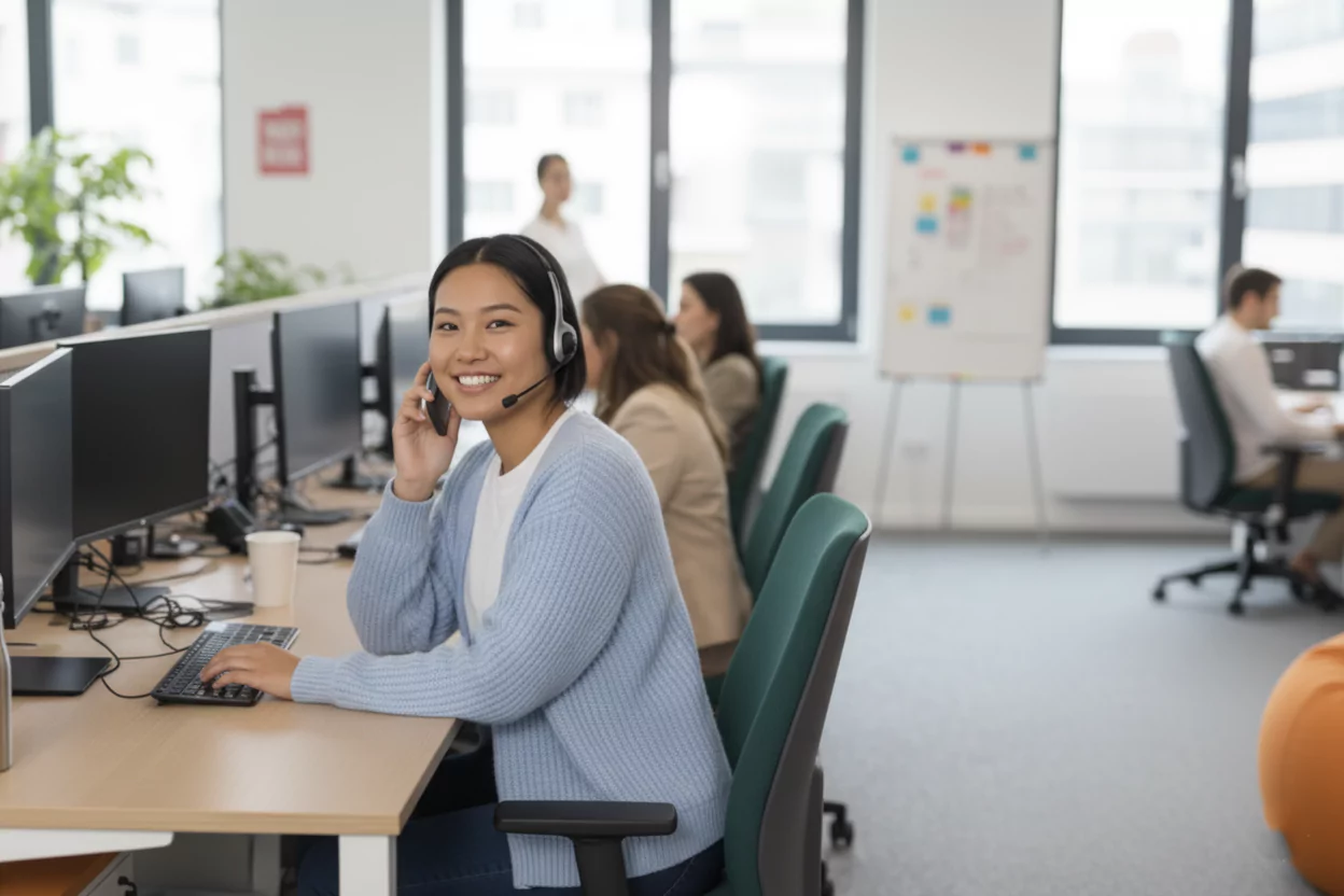 A woman wearing a headset and light blue sweater sits at a desk in a modern office, smiling at the camera. She types on a keyboard beside a monitor. Other coworkers are working at computers in the background. Large windows bring in natural light.
