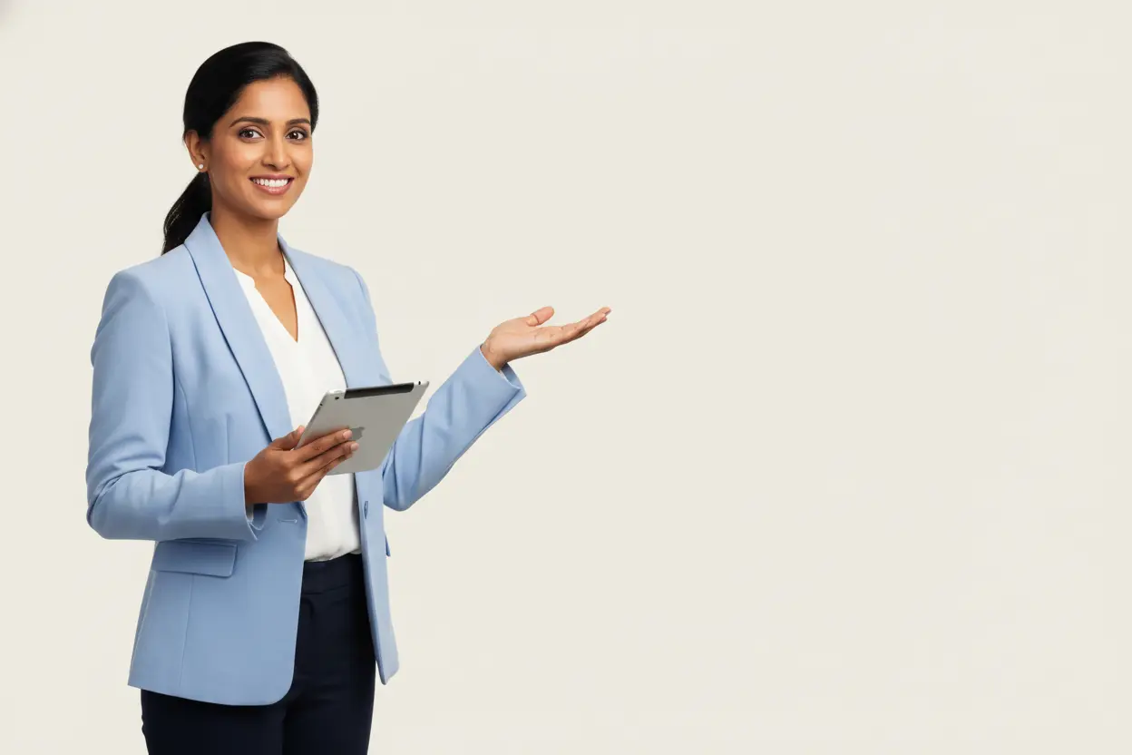 A woman in a light blue blazer and white blouse holds a tablet in one hand and gestures with her other hand, palm up. She is smiling and standing against a plain, light-colored background.