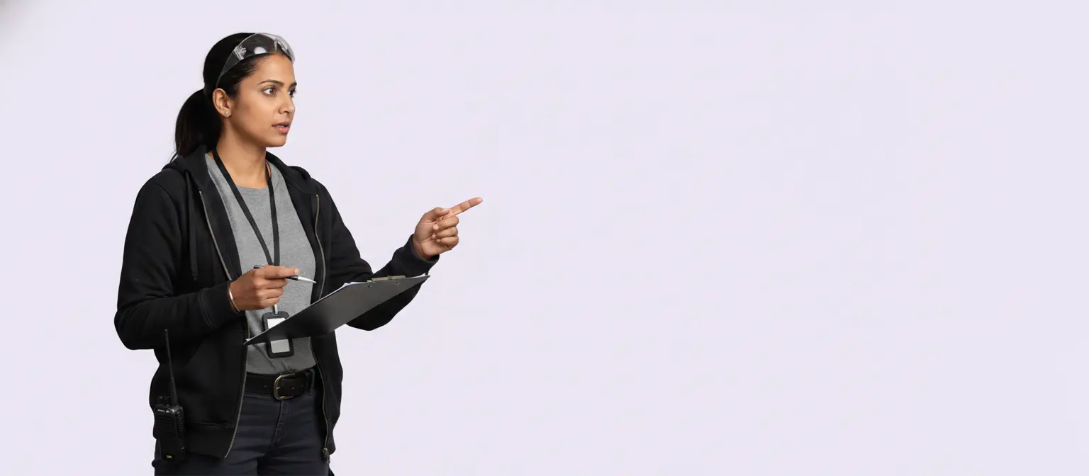 A woman wearing a black jacket and gray shirt holds a clipboard and pen. She stands against a plain light background, looking to her left and pointing with her right hand, as if giving instructions or making a point.