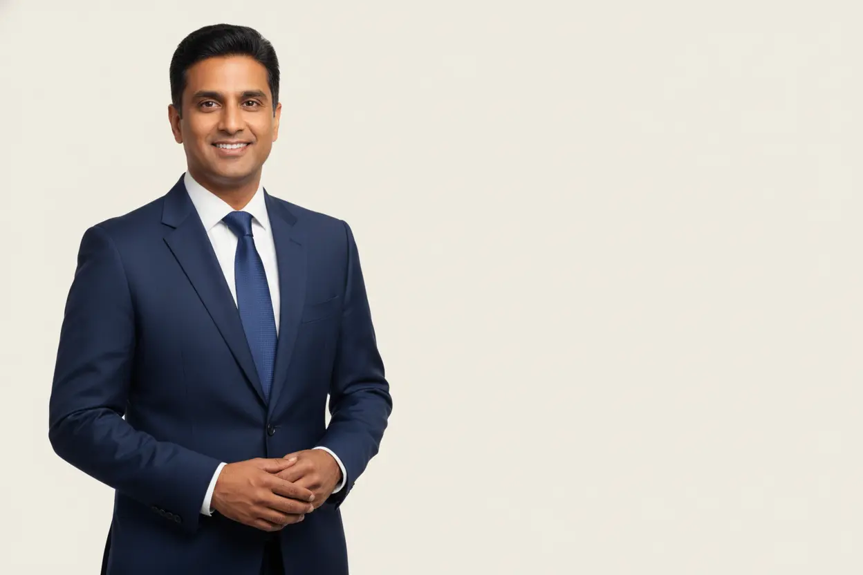 A man with short dark hair, wearing a navy blue suit, white shirt, and blue tie, stands smiling against a plain light background. He is facing the camera with his hands lightly clasped in front of him. The image has ample empty space on the right.