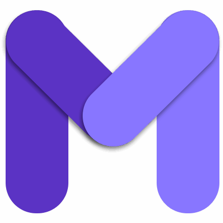 A bold, stylized M logo crafted from three overlapping, rounded rectangles in purple and lavender shades on a light gray background. The geometric shapes create a modern, layered look.