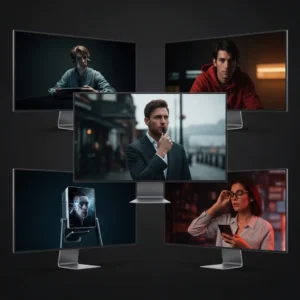 Five screens curve in a semicircle on a dark background, evoking Product Demo Videos. The center shows a man in a suit outdoors, while the others feature varied figures such as a human-faced robot. Five screens curve in a semicircle on a dark background, evoking Product Demo Videos. The center shows a man in a suit outdoors, while the others feature varied figures such as a human-faced robot.