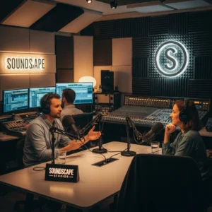 A man and woman wearing headphones speak into microphones in a pro studio labeled โSOUNDS.APEโ and โSOUNDSCAPE STUDIOS.โ Surrounded by audio gear, they showcase the Podcast Production & Editing serviceโideal for high-quality podcast creation. A man and woman wearing headphones speak into microphones in a pro studio labeled โSOUNDS.APEโ and โSOUNDSCAPE STUDIOS.โ Surrounded by audio gear, they showcase the Podcast Production & Editing serviceโideal for high-quality podcast creation.