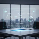 A modern office features a transparent digital screen showing data charts and icons about Marketing Automation Setup, hovering above a conference table with city buildings and large windows in the background.
