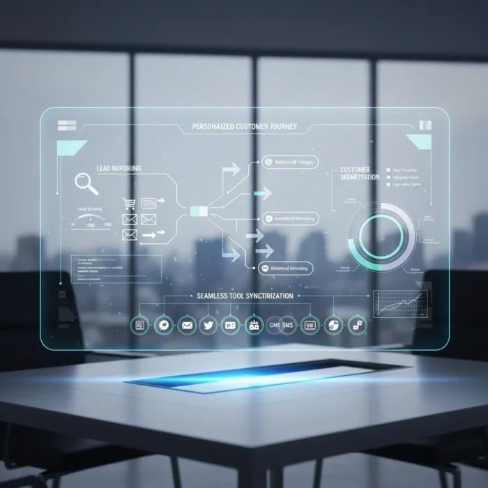 A modern office features a transparent digital screen showing data charts and icons about Marketing Automation Setup, hovering above a conference table with city buildings and large windows in the background.