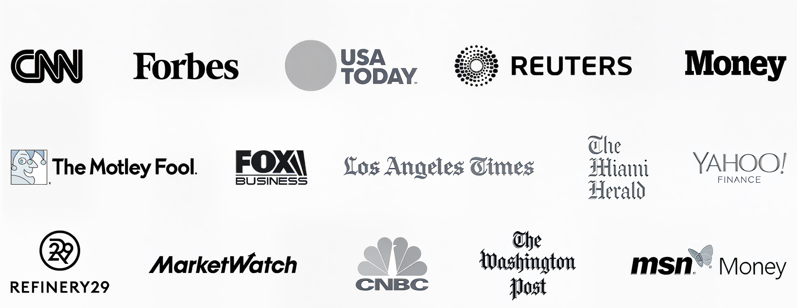 A collage of 16 prominent news and media outlet logos, including CNN, Forbes, USA Today, Reuters, Money, The Motley Fool, FOX Business, Los Angeles Times, Miami Herald, Yahoo! Finance, Refinery29, MarketWatch, CNBC, Washington Post, and MSN Money.