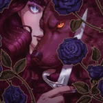 A woman with long, dark purple hair and a blue eye stands close to a wolf with glowing orange eyes—her mysterious companion in this werewolf romance. She holds a silver knife, partly hidden behind him as black roses with gold-outlined stems surround them.