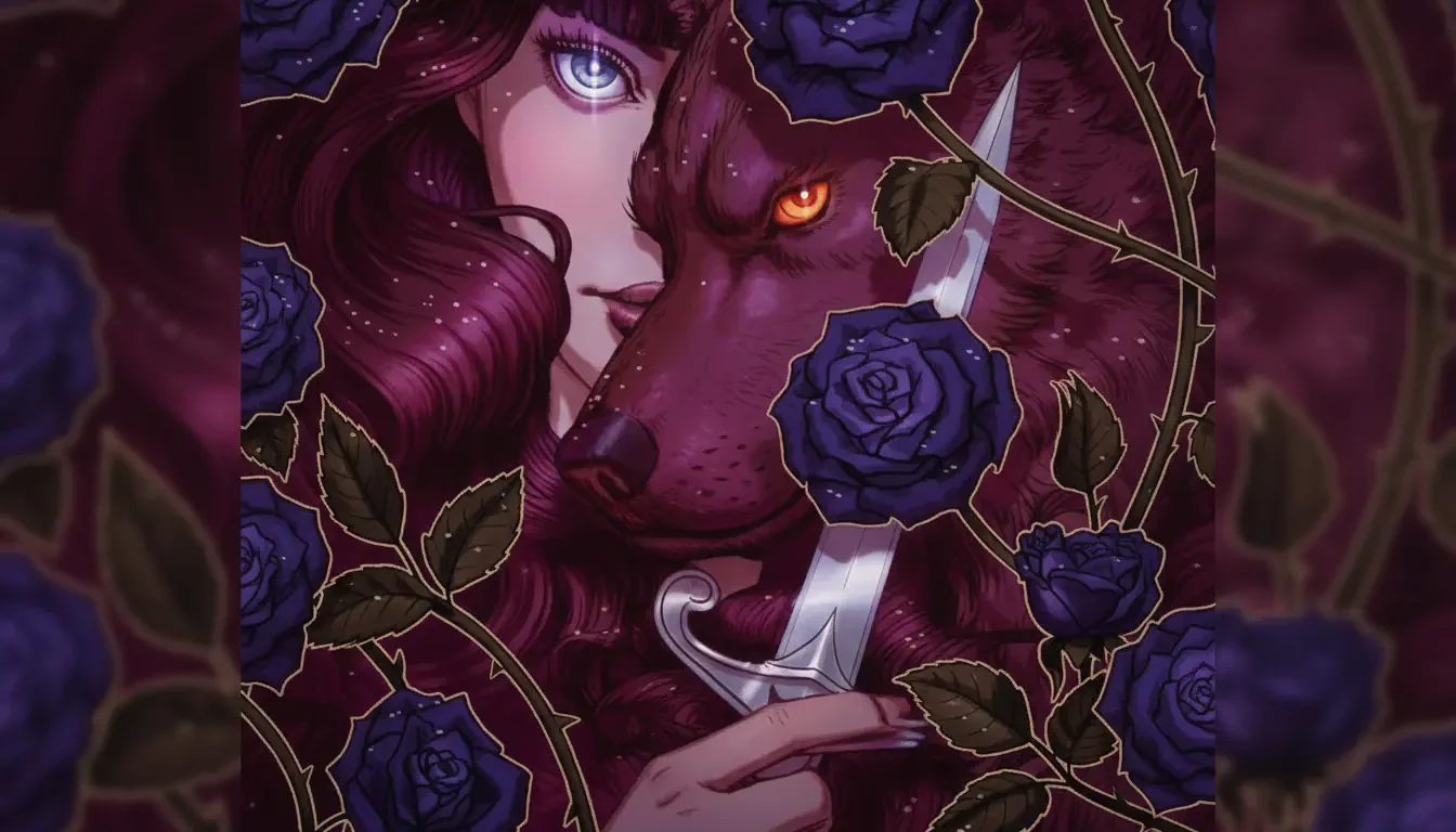 A woman with long, dark purple hair and a blue eye stands close to a wolf with glowing orange eyes—her mysterious companion in this werewolf romance. She holds a silver knife, partly hidden behind him as black roses with gold-outlined stems surround them.