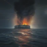 A dark, stormy sea surrounds a fort engulfed in flames and thick black smoke—a dramatic Civil War scene reminiscent of Erik Larson's Demon of Unrest, with fiery cannonballs arcing through the night sky above turbulent waves.