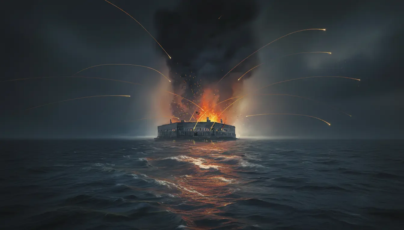 A dark, stormy sea surrounds a fort engulfed in flames and thick black smoke—a dramatic Civil War scene reminiscent of Erik Larson's Demon of Unrest, with fiery cannonballs arcing through the night sky above turbulent waves.