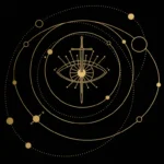 A gold line drawing on a black background shows an eye with a sword vertically through its center, radiating lines outward. Surrounding the eye are orbits with gold dots, resembling planets, creating a celestial, mystical design.