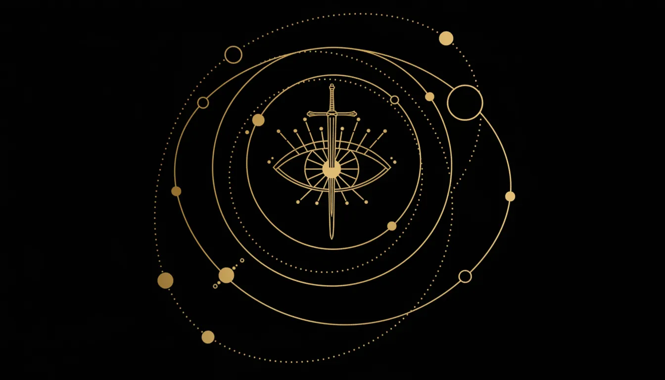 A gold line drawing on a black background shows an eye with a sword vertically through its center, radiating lines outward. Surrounding the eye are orbits with gold dots, resembling planets, creating a celestial, mystical design.