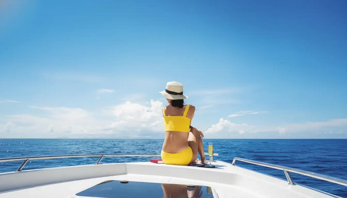 A woman in a yellow swimsuit and wide-brimmed hat sits on the deck of a white boat, gazing at the blue Nantucket ocean. She looks relaxed under the bright sun, glass beside her, savoring a Five-Star Weekend by Elin Hilderbrand.