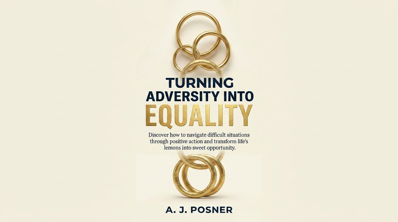 The image shows five interlocking gold rings above and below the book title "Turning Adversity Into Equality." Below the title is a subtitle, emphasizing opportunity, and at the bottom, the author's name "A. J. Posner" appears in bold black text on a light background.