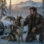 Rugged man and loyal dog in snowy Alaskan wilderness near a plane wreck, symbolizing survival and a deep bond.