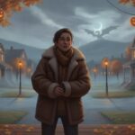 A bundled-up figure shivering with anticipation on a cozy fall evening with autumn leaves, misty atmosphere, and subtle fantasy silhouettes in the distance.