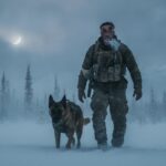 Brad Pitt-like survival soldier trudging through snowy Alaskan wilderness alongside a combat dog in a dramatic cinematic film scene at dusk