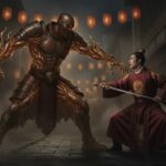 Brutal cinematic scene of a 19th-century Chinese mercenary with a transforming bronze-brass armored body confronting a fleeing clan heir in a lantern-lit night alley