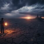 Lone figure in a cracked desert holds an ember-like glow of hope as storm clouds and faint halo light suggest truth and survival for a gathering community, symbolic cinematic editorial art with no text.