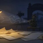 Cinematic illustration of a writer’s desk with blank screenplay pages and a film projector casting roadmap-like light, symbolizing market-aware screenwriting.