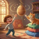 Whimsical storybook scene of a playful cat and child with a potato suspended on a string, surrounded by magical sparkles to show joy from almost nothing.