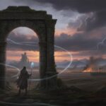 Lone traveler stepping through an ancient archway into a stormy fantasy battlefield, evoking a return to an epic series