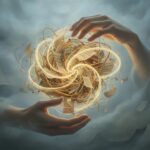 Illustration of hands organizing tangled threads and pages into a coherent glowing story form, symbolizing the process of wrangling and taming a narrative