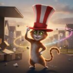 Whimsical animated cat in a red-and-white striped hat creating magical mischief in a new neighborhood filled with playful motion and glowing sparkles.