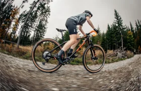 Una persona va en bicicleta de gravel por un sendero forestal, con casco y ropa de ciclismo. Al fondo se ven pinos y un cielo nublado.