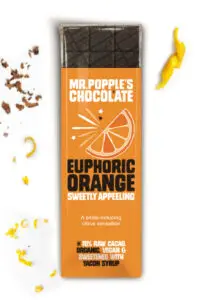 Euphoric Orange 70% dark chocolate bar. Sugar free, made from organic raw cacao