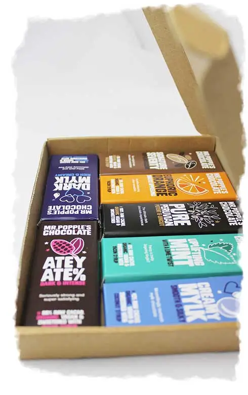 A box of Mr Popple's organic vegan chocolate bars