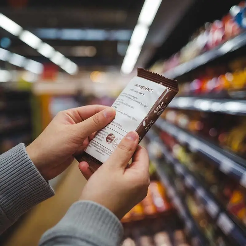 Person looking at chocolate bar label wrapper ingredients